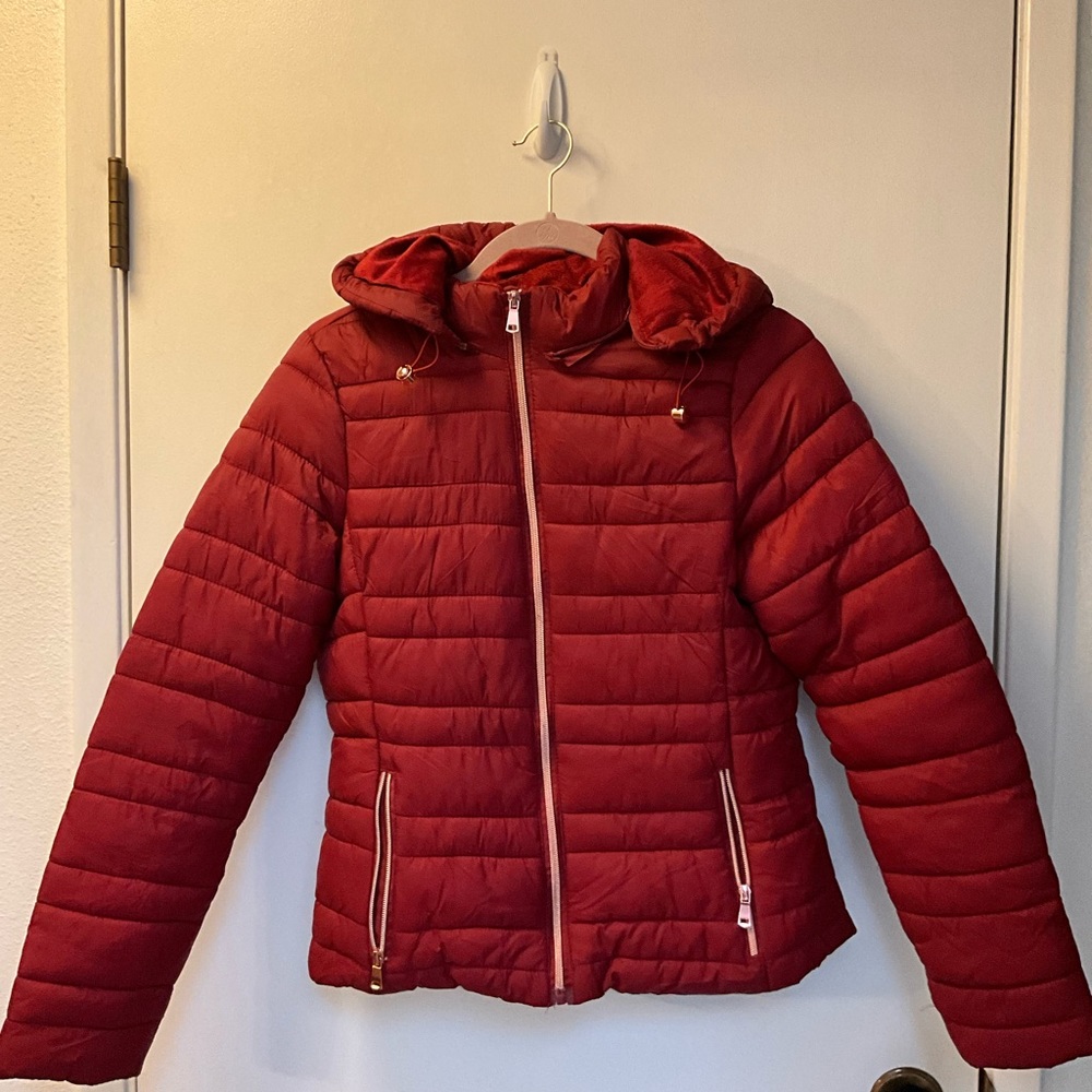 ✨1 Sunset Lane Puffer Coat Red velvet Lined Pockets Hooded Size M